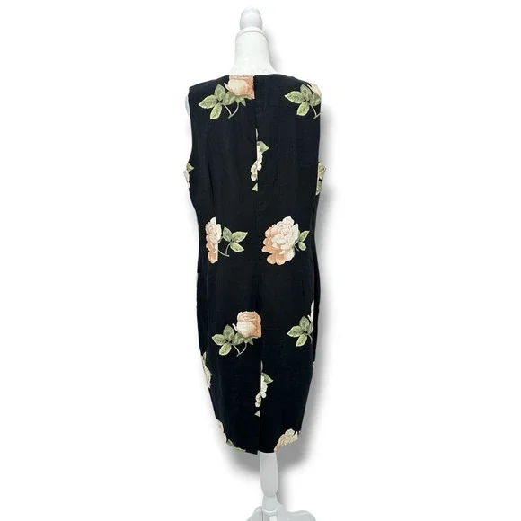 VTG 90s Ellen Tracy 100% Linen Dress 12 Black Floral Sheath Classic Cottagecore - Picture 3 of 14